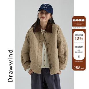 画风drawwind秋冬季 巴恩风菱格羊毛棉衣女小个子拼色翻领保暖外套