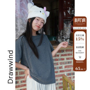 画风drawwind2026春夏新款 上衣 全棉T恤女宽松小猫咪刺绣磨毛短袖