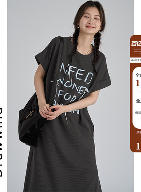 画风drawwind纯棉短袖T恤连衣裙女夏季2026新款宽松圆领休闲长裙