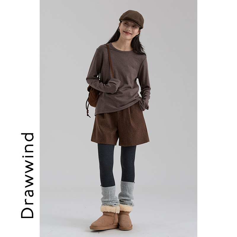 画风drawwind2025冬季新款气质羊毛短裤女款宽松直筒高腰显瘦靴裤