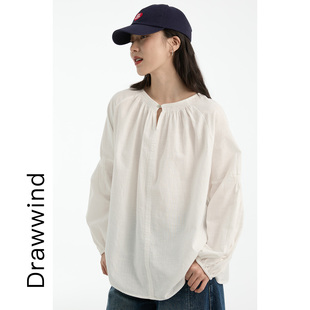 画风drawwind秋季长袖衬衫女宽松圆领纯棉褶皱感前后两穿显瘦上衣