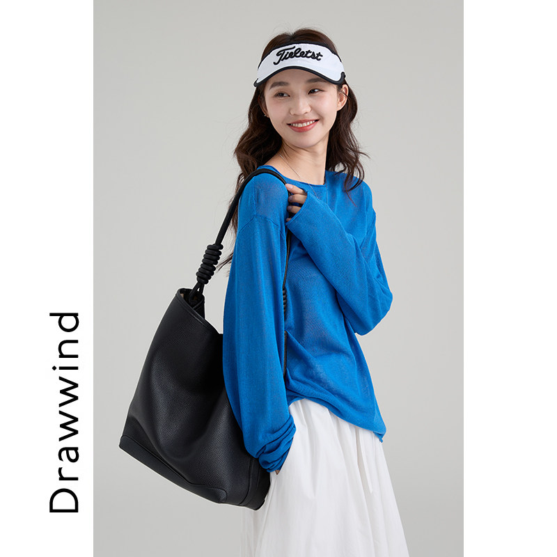 画风drawwind纯色长袖防晒上衣女2026新款夏季休闲宽松圆领罩衫夏