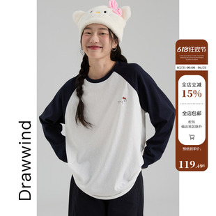 画风drawwind2026春季新款长袖T恤女宽松kitty猫印花撞色插肩上衣