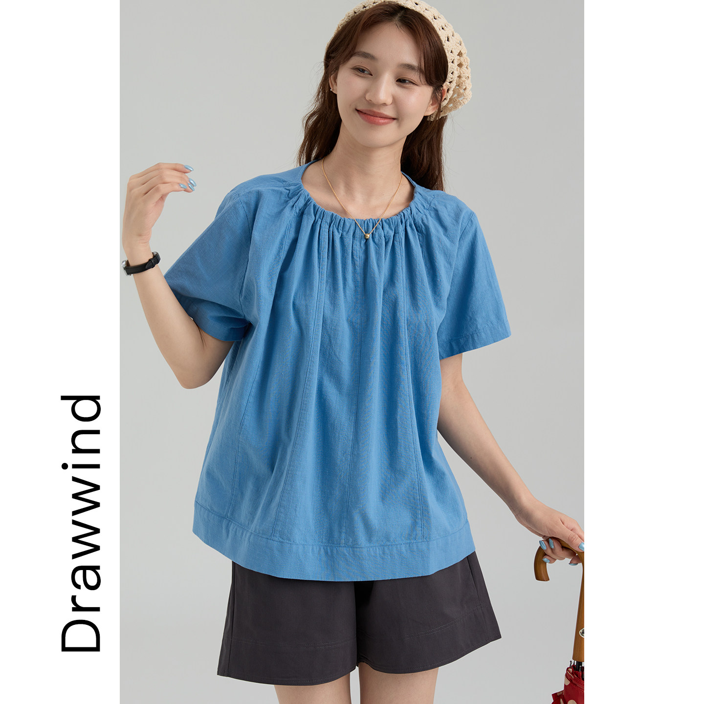 画风drawwind夏季新款短袖衬衫女宽松小个子褶皱圆领纯棉轻薄衬衣