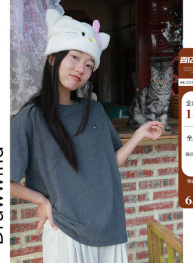 画风drawwind2026春夏新款全棉T恤女宽松小猫咪刺绣磨毛短袖上衣