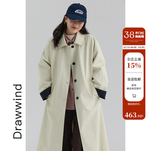 画风drawwind2026春季新款撞色风衣外套女通勤单排扣长款翻领大衣