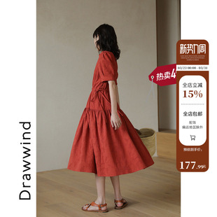 收腰裙子 显瘦复古泡泡袖 画风drawwind短袖 V领连衣裙女夏2024新款