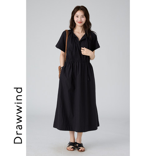 画风drawwind飘带领短袖连衣裙女