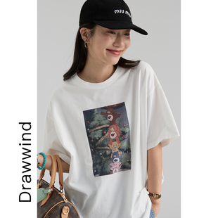 画风drawwind春夏季短袖T恤女宽松纯棉水洗磨毛卡通印花大版上衣