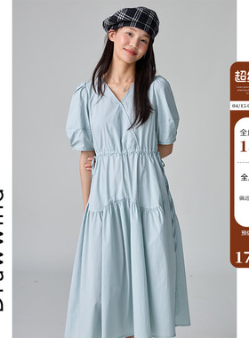 画风蓝色短袖连衣裙女新款春夏V领气质收腰显瘦法式高级感长裙