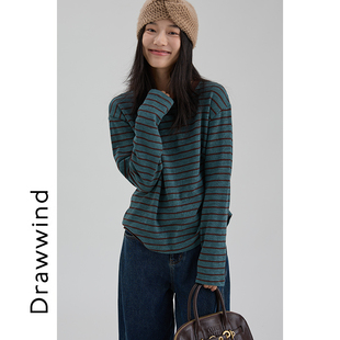 通勤百搭圆领打底衫 上衣 T恤女2026春秋新款 画风drawwind条纹长袖