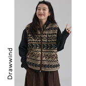 画风drawwind费尔岛复古提花马甲女2025冬季 仿羊羔绒立领背心 新款
