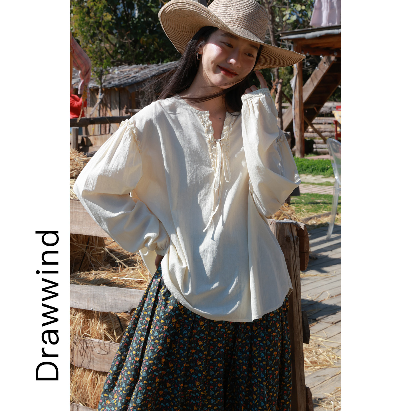 画风drawwind2026秋季新款v领长袖衬衫女韩版麻感棉花边拼接衬衣