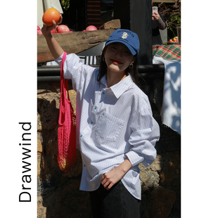 画风drawwind春季长袖衬衫女宽松通勤百搭竖条纹衬衣外套2026新款