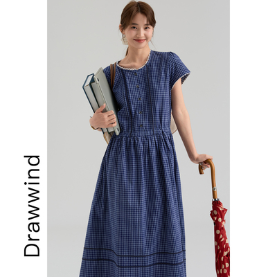 画风drawwind复古蓝格纹连衣裙