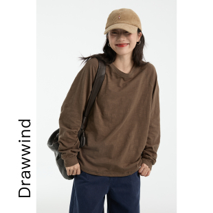 画风drawwind秋季大版长袖T恤女宽松显瘦全竹节棉休闲插肩袖上衣