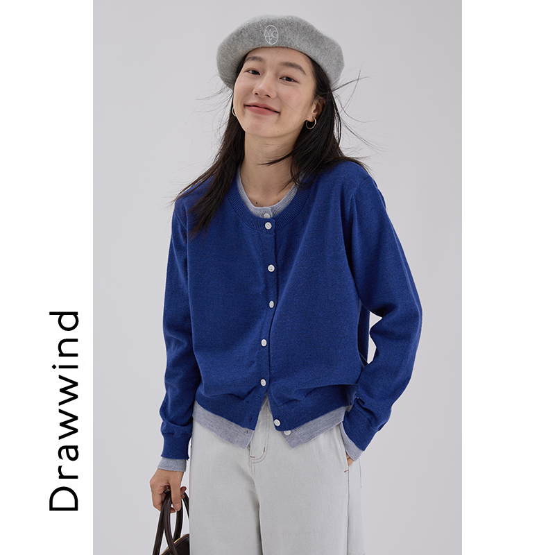 画风drawwind撞色假两件针织开衫