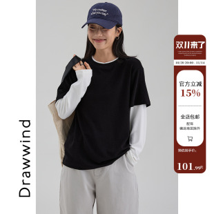 画风drawwind慕斯棉假两件长袖 宽松撞色圆领上衣女秋 T恤2025新款