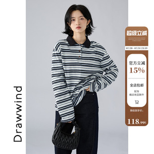 纯棉休闲打底t恤上衣 画风drawwind条纹长袖 POLO衫 女2025新款 春季