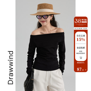 画风drawwind春季一字领长袖T恤女2026新款纯色修身气质斜肩上衣