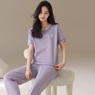长裤 2025新款 纯棉可外穿简约紫色运动家居服薄款 睡衣女士夏季 短袖