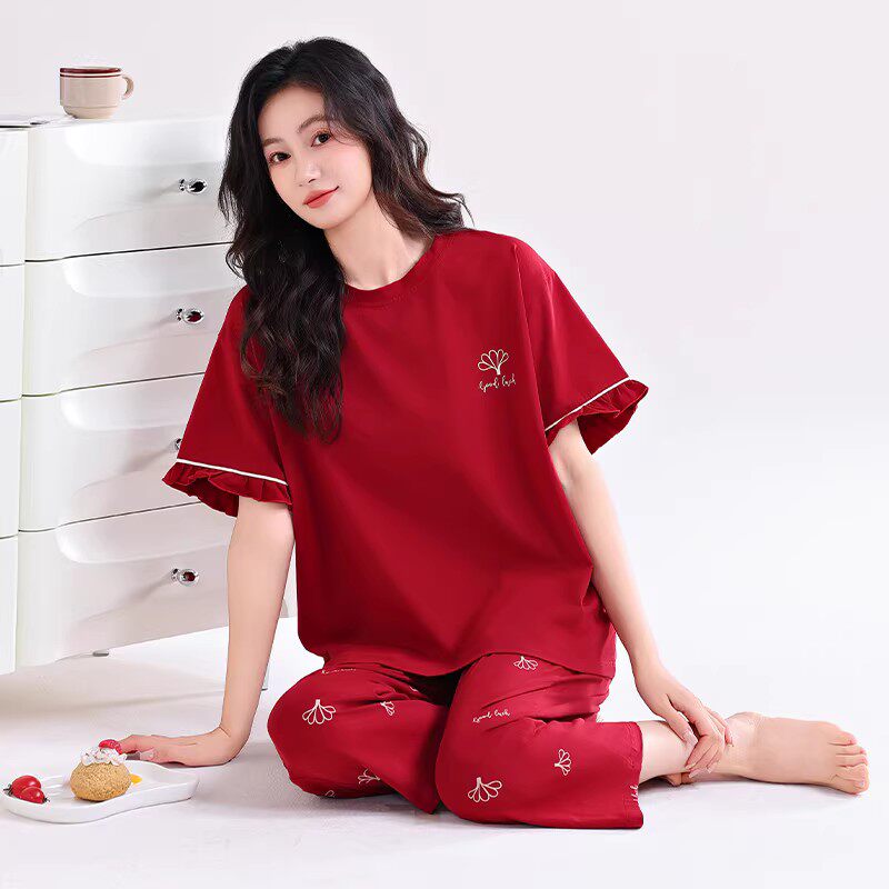带胸垫睡衣女款2025新款夏季纯棉短袖七分裤甜美红色家居服本命年