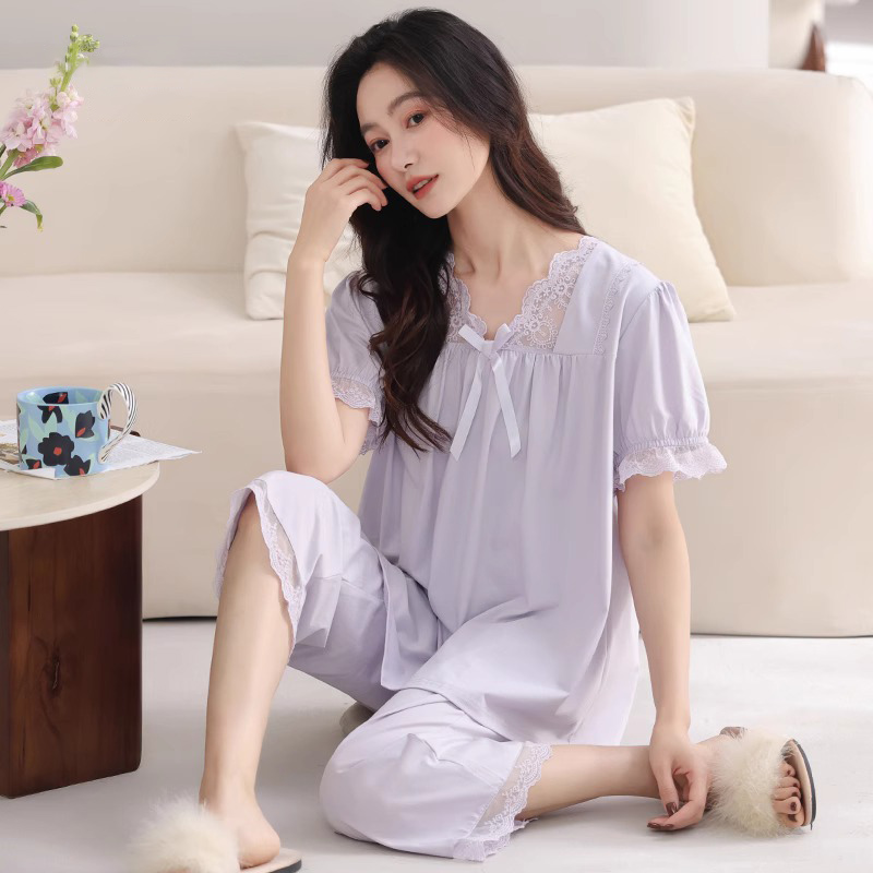 睡衣女款夏季纯棉短袖七分裤薄款中年妈妈2025新款夏天花边家居服