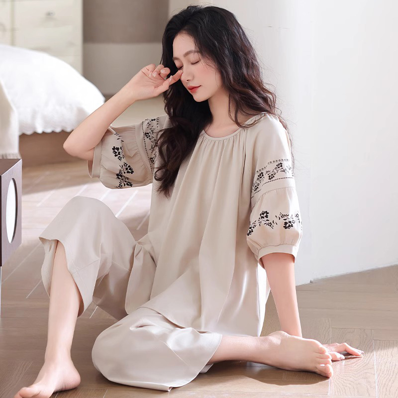 睡衣女款夏季带胸垫纯棉短袖七分裤2025新款外穿高级感半袖家居服
