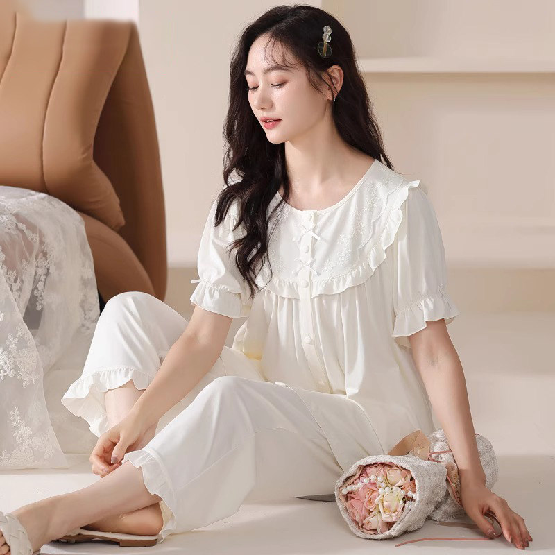 睡衣女士夏季纯棉短袖长裤白色花睡衣/家居服套装