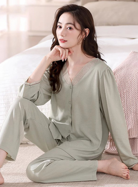 春秋款睡衣女长袖纯棉2025新款高级感中年春款宽松绿色开衫家居服