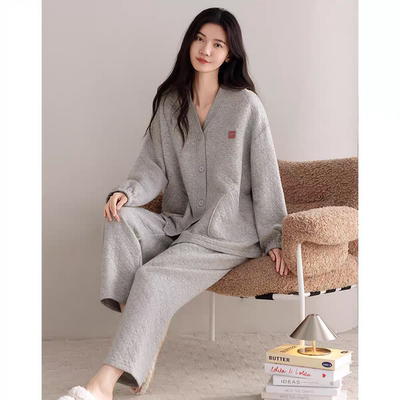 睡衣女士春秋款加厚纯棉长袖秋冬季空气棉夹层冬天薄款夹棉家居服