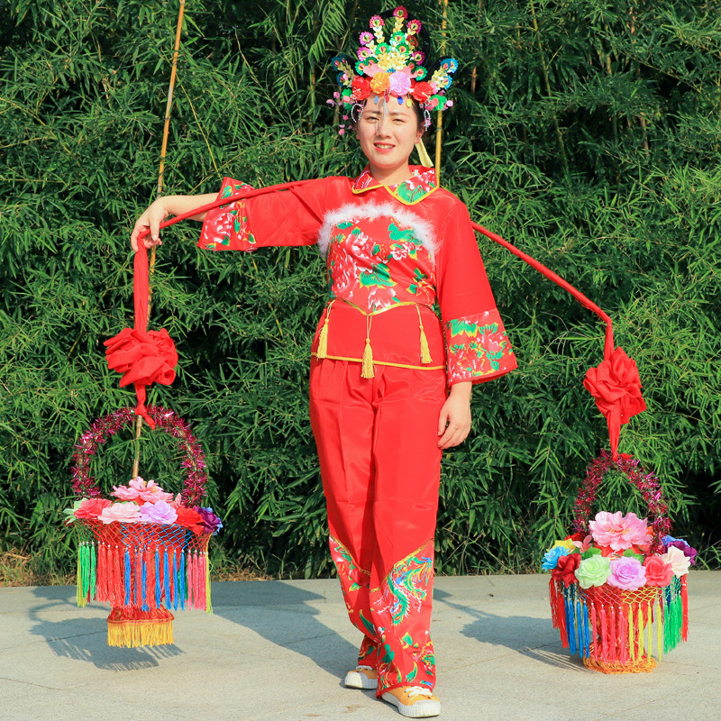 扭秧歌舞蹈挑花篮花挑舞台演出服装道具民间社火表演戏剧扁担花篮