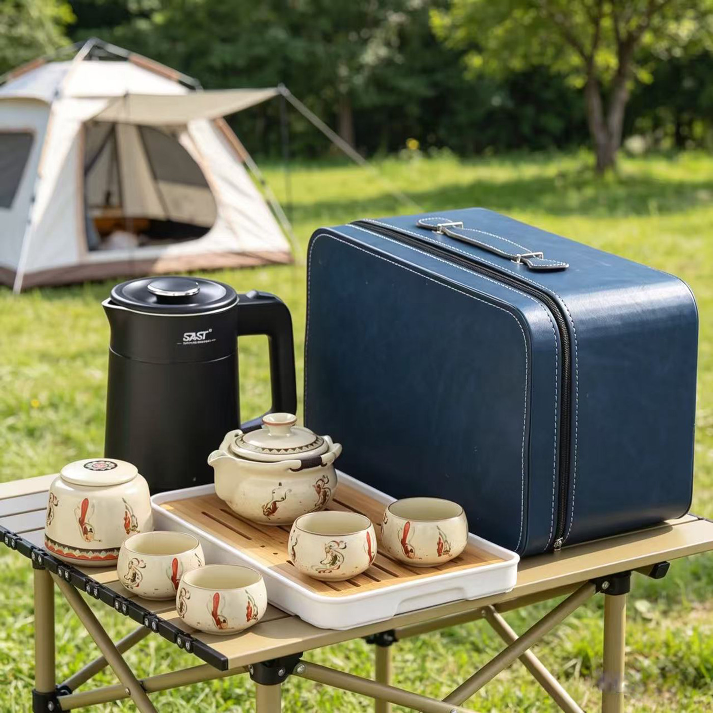 户外露营电热水壶旅行茶具套组可携式烧水壶随身泡茶壶茶杯收纳箱