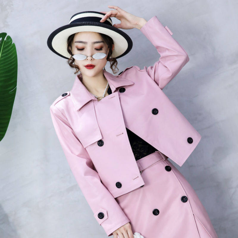 短外套女2025秋季新款真皮粉色皮衣绵羊皮韩版修身上衣POLO领夹克