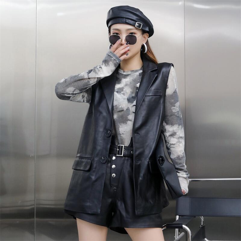 马甲女中长款2025秋季新款真皮西装领坎肩绵羊皮黑色修身无袖外套