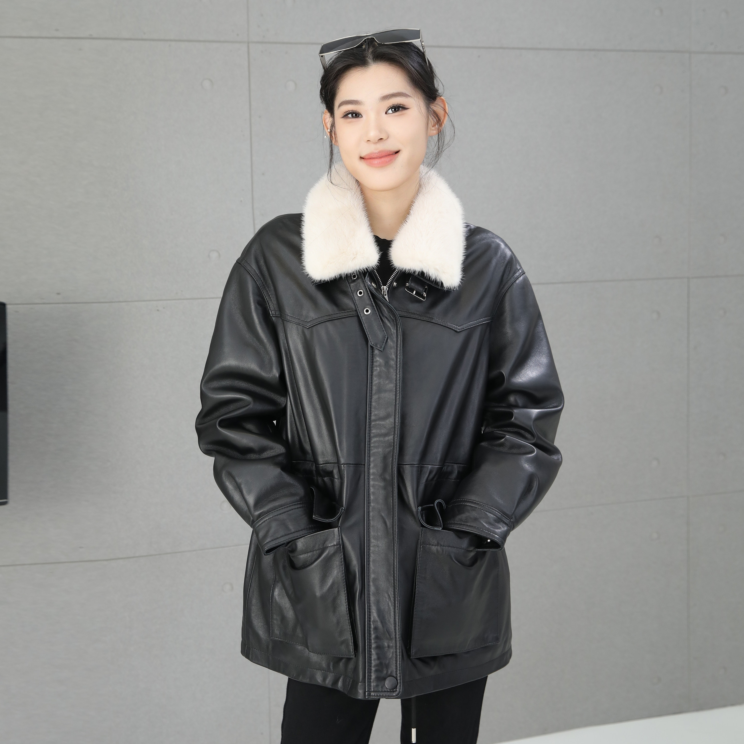 复古真皮绵羊皮貂领显瘦皮衣女