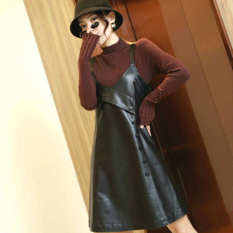 连衣裙女修身2025秋季新款真皮皮裙绵羊皮吊带中长裙裹胸大摆裙子