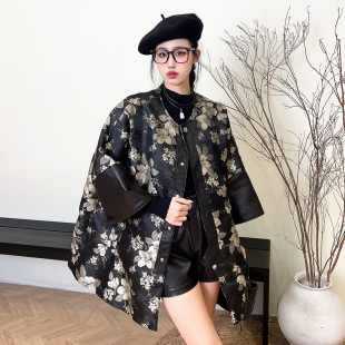 风衣圆领七分袖 娃娃服女中长款 绵羊皮拼接喇叭袖 新款 外套 2025秋季