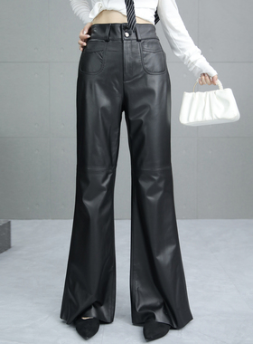 微喇裤女2025年秋季新款绵羊皮黑色皮裤松紧腰长裤真皮修身拖地裤