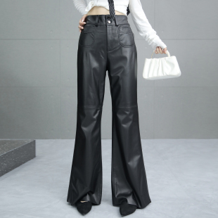 绵羊皮黑色皮裤 新款 松紧腰长裤 真皮修身 微喇裤 拖地裤 女2025年秋季