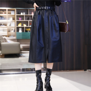 A字裙女2024秋季 绵羊皮过膝皮裙真皮高腰中长裙松紧腰半身裙 新款