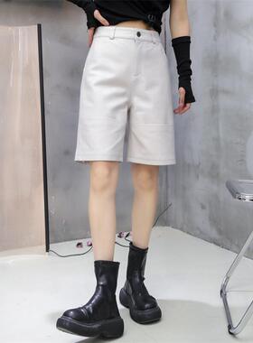五分裤女2025年秋季新款绵羊皮白色直筒裤真皮高腰中裤百搭休闲裤