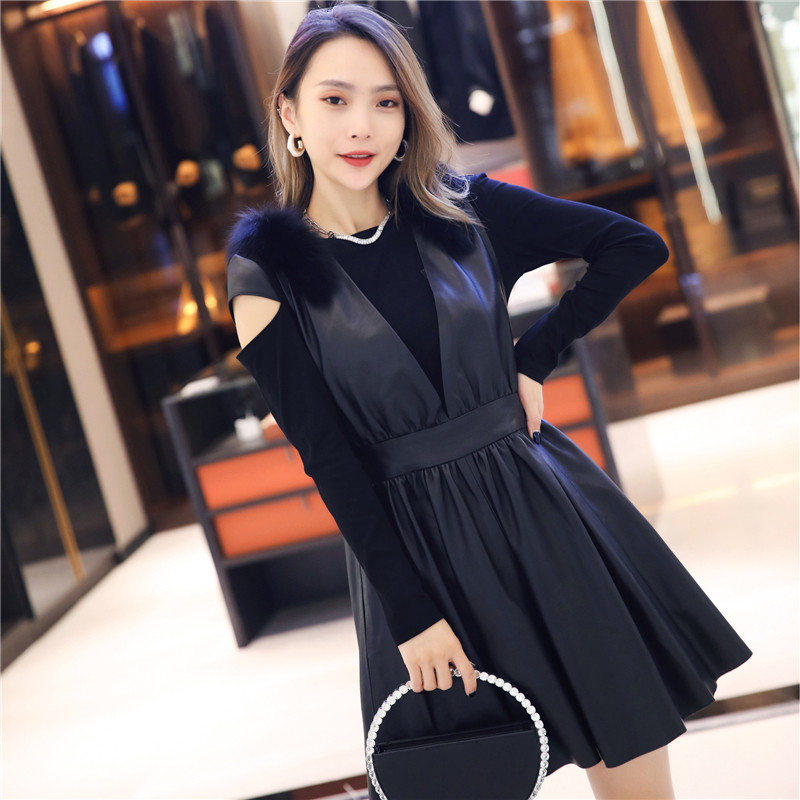 背带裙女2025秋季新款真皮修身皮裙绵羊皮显瘦大摆裙狐狸毛连衣裙