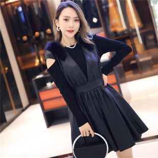 背带裙女2025秋季新款真皮修身皮裙绵羊皮显瘦大摆裙狐狸毛连衣裙