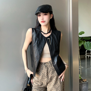2025秋新款真皮圆领短款马甲女绵羊皮韩版外搭坎肩植油皮修身外套