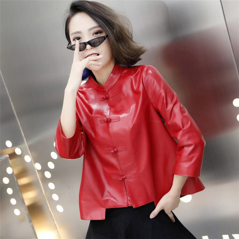 复古唐装女2025秋新款绵羊皮红色皮衣真皮皮夹克七分袖修身短外套