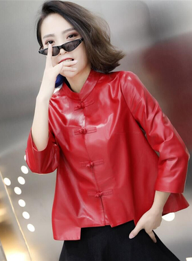 复古唐装女2025秋新款绵羊皮红色皮衣真皮皮夹克七分袖修身短外套
