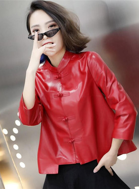 复古盘扣唐装女真皮七分袖夹克