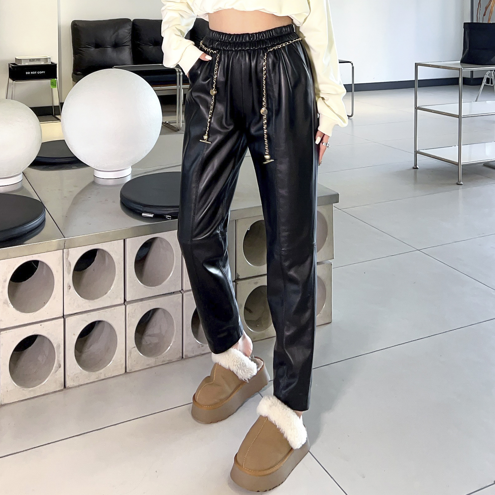 松紧腰通勤九分裤哈伦裤