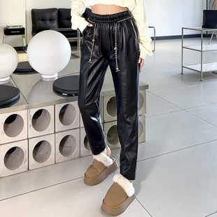 哈伦裤女款2025秋新款真皮黑色皮裤松紧腰九分裤绵羊皮链条休闲裤